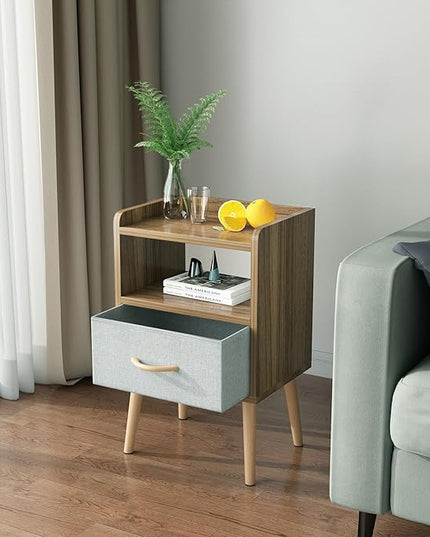 LUCKNOCK NightStand with Fabric Drawer, Bedside Table with Solid Wood Legs, Minimalist and Practical End Side Table with Open Storage Shelf for Bedroom,Walnut. - LeafyLoom