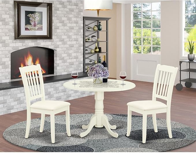 East West Furniture DLDA3-WHI-C Dublin 3 Piece Kitchen Set for Small Spaces Contains a Round Dining Room Table with Dropleaf and 2 Fabric Upholstered Chairs, 42x42 Inch, Linen White - LeafyLoom