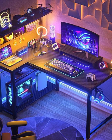 Homieasy Small Gaming Desk with Power Outlets Pegboard LED Light, 43 Inch L Shaped Computer Desk with Monitor Stand Storage Shelves, Reversible Corner Desk with Headset Hooks, Carbon Fiber Black - LeafyLoom