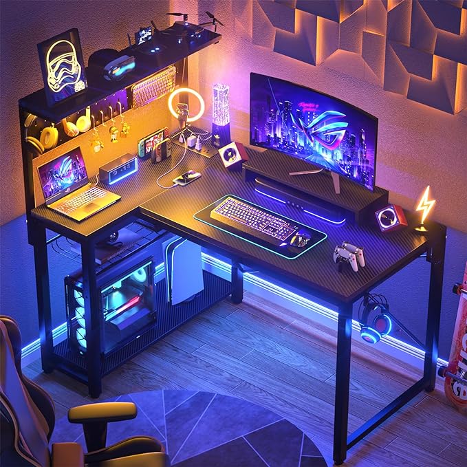 Homieasy Small Gaming Desk with Power Outlets Pegboard LED Light, 43 Inch L Shaped Computer Desk with Monitor Stand Storage Shelves, Reversible Corner Desk with Headset Hooks, Carbon Fiber Black - LeafyLoom