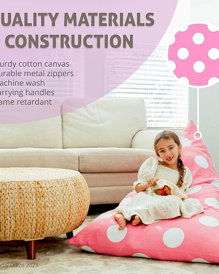 Butterfly Craze Bean Bag Chair Cover, Functional Toddler Toy Organizer, Fill with Stuffed Animals to Create a Jumbo, Comfy Floor Lounger for Boys or Girls, Stuffing Not Included, Light Pink Polka Dots - LeafyLoom