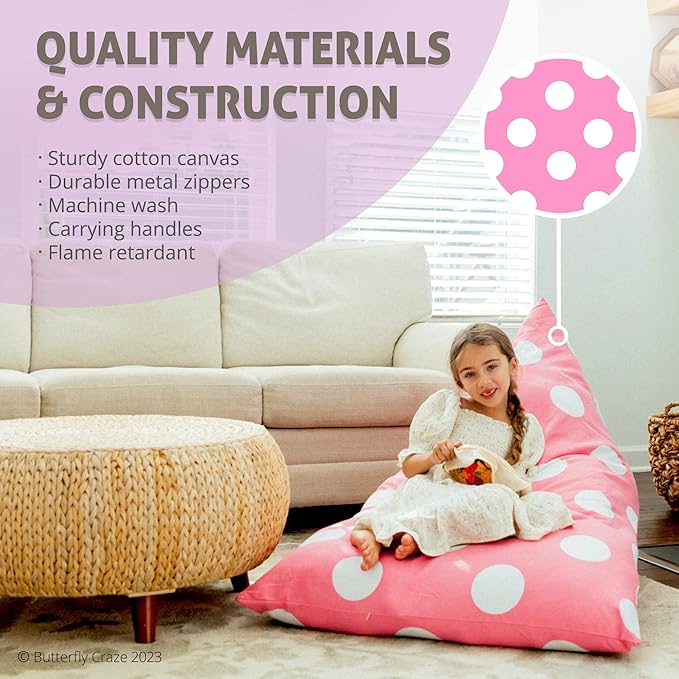 Butterfly Craze Bean Bag Chair Cover, Functional Toddler Toy Organizer, Fill with Stuffed Animals to Create a Jumbo, Comfy Floor Lounger for Boys or Girls, Stuffing Not Included, Light Pink Polka Dots - LeafyLoom