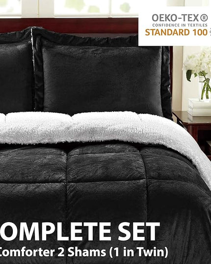 Cathay Home Twin Comforter Set: Ultra Soft and Plush Reversible Micromink and Sherpa 2-Piece Bedding Set, Black, Twin (66" x 86") - LeafyLoom