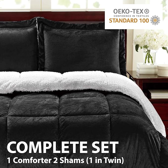 Cathay Home Twin Comforter Set: Ultra Soft and Plush Reversible Micromink and Sherpa 2-Piece Bedding Set, Black, Twin (66" x 86") - LeafyLoom