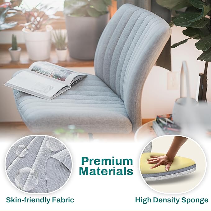Criss Cross Chair - Wide Armless Desk Chair No Wheels, Cross Legged Office Chair, Adjustable Modern 360 Swivel Vanity, Fabric Padded,120° Rocking Ergonomic Mid Back Computer Task Chair - Grey - LeafyLoom