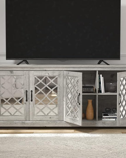 Galano Millicent TV Stand for up to 75 Inch TV, Farmhouse Entertainment Center with Mirror Doors & Storage Shelves, Rustic Media Console Cabinet for Living Room, Mexican Grey - LeafyLoom