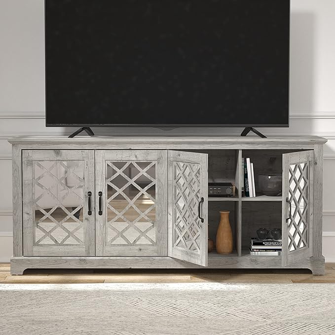 Galano Millicent TV Stand for up to 75 Inch TV, Farmhouse Entertainment Center with Mirror Doors & Storage Shelves, Rustic Media Console Cabinet for Living Room, Mexican Grey - LeafyLoom