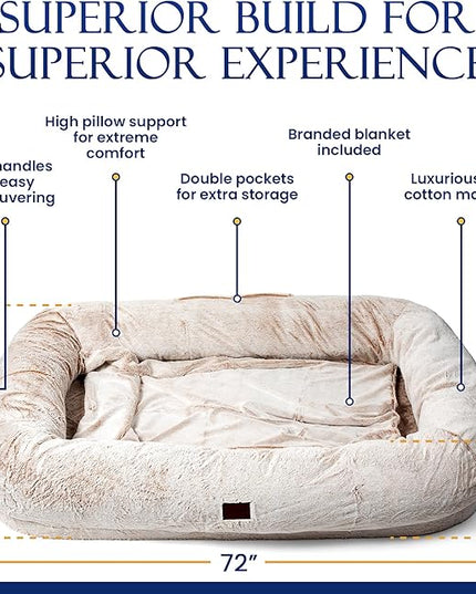 Human Dog Bed for Adult - Giant Dog Bed for Humans – Fluffy with Washable Cover, Nonslip, Waterproof Lining, Storage Pockets, Soft blanket – Ideal for Adults and Kids, Sized to Fit Small to Large Pets LeafyLoom