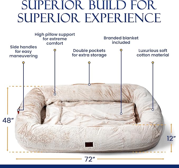 Human Dog Bed for Adult - Giant Dog Bed for Humans – Fluffy with Washable Cover, Nonslip, Waterproof Lining, Storage Pockets, Soft blanket – Ideal for Adults and Kids, Sized to Fit Small to Large Pets LeafyLoom