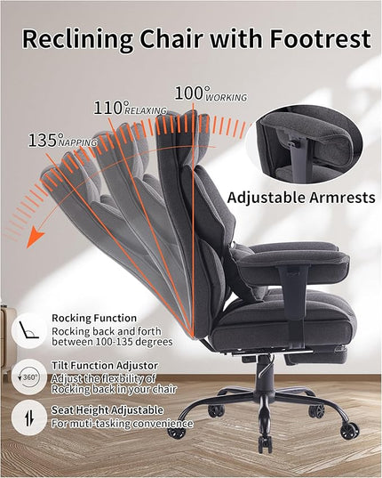 Fabric Office Chair, Big and Tall Office Chair 400 lb Weight Capacity, High Back Executive Office Chair with Foot Rest, Ergonomic Office Chair for Back Pain Relief, Dark Grey - LeafyLoom