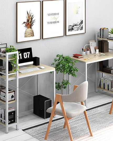4NM 35" Small Computer Desk with 4-Tier Bookshelf, Home Office Desk Writing Workstation Study Table Multipurpose for Small Space Work - Natural and White - LeafyLoom