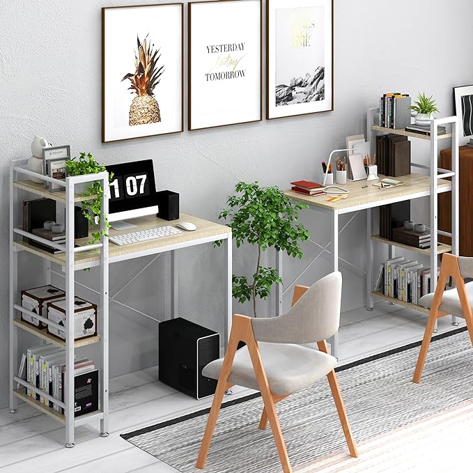 4NM 35" Small Computer Desk with 4-Tier Bookshelf, Home Office Desk Writing Workstation Study Table Multipurpose for Small Space Work - Natural and White - LeafyLoom