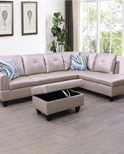 3-Piece L-Shaped Sectional Couches Lounge & Storage, 97.5'' Linen Modular Living Room Home Office, 3pcs 97'' Sofa+66.5'' Chaise+28.5'' Ottoman(Right), Latte Faux Leather - LeafyLoom