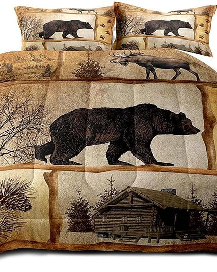 LUVIVIHOME 3PCS Rustic Cabin Comforter Set Queen Size, Moose Bear Bedding Brown Quilt, Deer Woodland Forest Animal Wildlife Hunting Hunter Lodge Country Rustic Farmhouse Bedroom Decor, 2 Pillow Shams - LeafyLoom