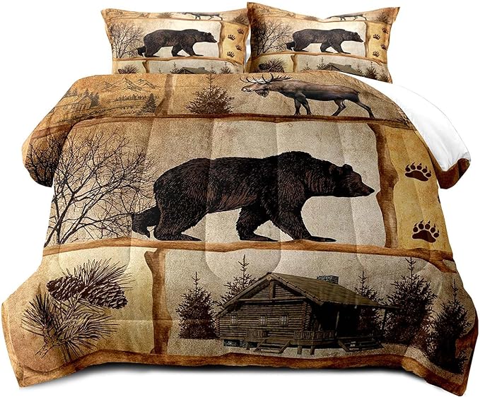 LUVIVIHOME 3PCS Rustic Cabin Comforter Set Queen Size, Moose Bear Bedding Brown Quilt, Deer Woodland Forest Animal Wildlife Hunting Hunter Lodge Country Rustic Farmhouse Bedroom Decor, 2 Pillow Shams - LeafyLoom