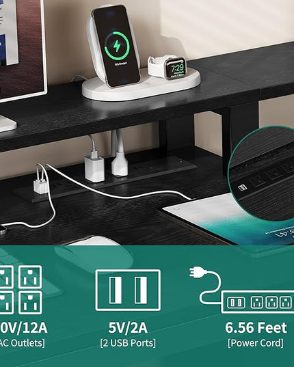 YITAHOME L Shaped Desk with 3 Drawers, 65" Corner Computer Desk with Power Outlets & LED Lights, L-Shaped Desk with File Cabinet & Printer Stand for Home Office, Black - LeafyLoom