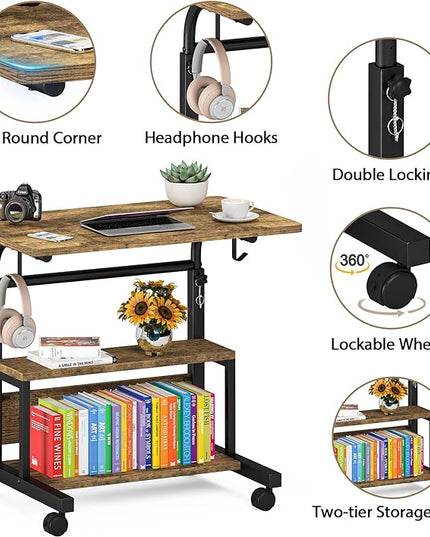 Portable Desk with Storage Shelves, Height Adjustable Desk with Wheels, Small Rolling Desk with Hooks, Standing Desk on Wheels for Home Office, Mobile Computer Table for Small Space - LeafyLoom