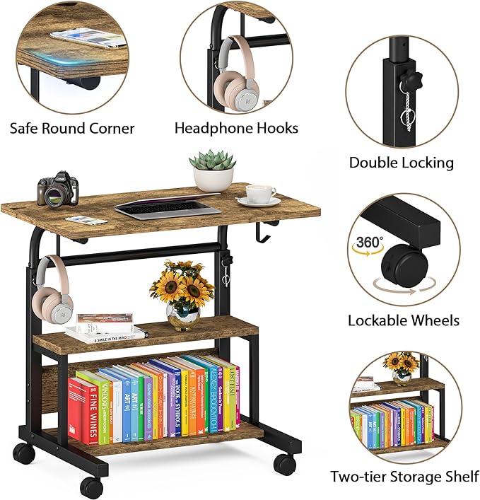 Portable Desk with Storage Shelves, Height Adjustable Desk with Wheels, Small Rolling Desk with Hooks, Standing Desk on Wheels for Home Office, Mobile Computer Table for Small Space - LeafyLoom