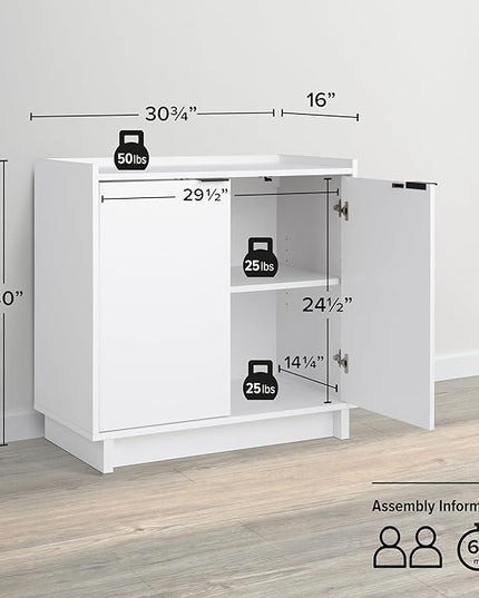 Prepac Simply Modern 2 Console Table, White Doors and Shelves, Buffet Cabinet with Storage, 30.75" W x 30" H x 16" D - LeafyLoom