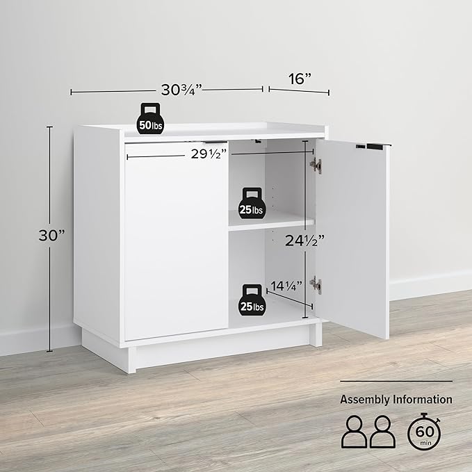 Prepac Simply Modern 2 Console Table, White Doors and Shelves, Buffet Cabinet with Storage, 30.75" W x 30" H x 16" D - LeafyLoom