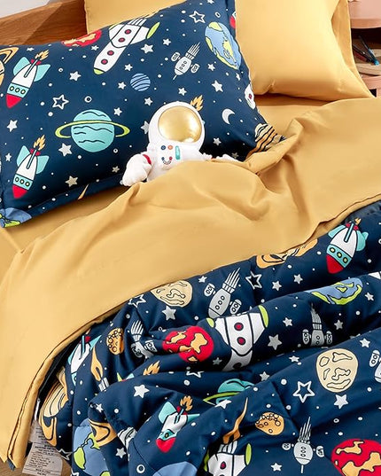 SLEEP ZONE Kids Twin Bedding Comforter Set - Super Cute & Soft Kids Bedding 5 Pieces Set with Comforter, Sheet, Pillowcase & Sham (Rocket Galaxy) - LeafyLoom