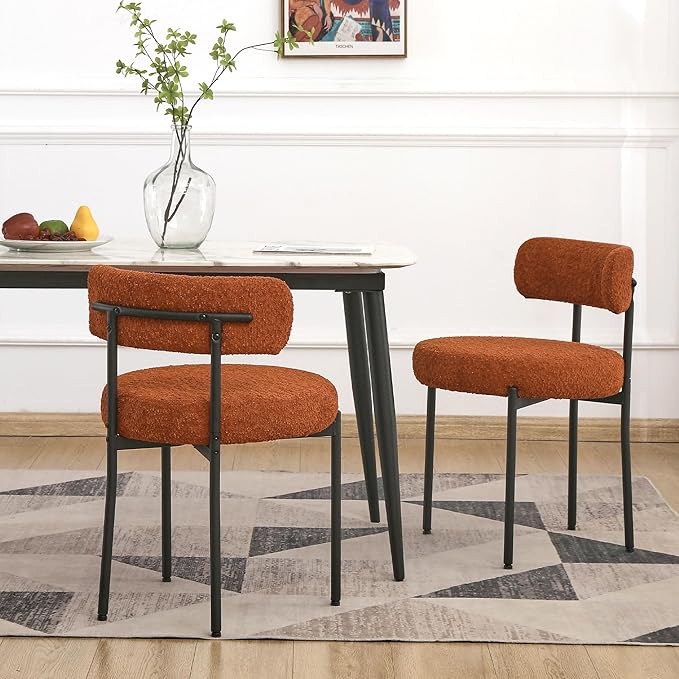 EDWELL Orange Dining Chairs Set of 6, Round Upholstered Dining Room Chairs with Black Metal Legs, Modern Boucle Dining Chairs for Dining Room, Kitchen, Living Room, Capacity 330lbs - LeafyLoom