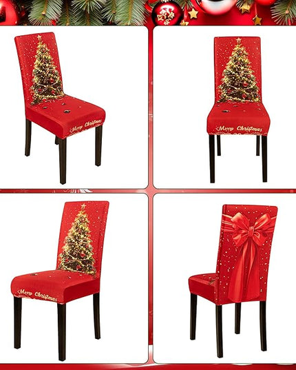 6PCS Christmas Dining Chair Covers Stretch Removable Washable Dining Room Chair Protector Slipcover 3D Print Xmas Tree Bow Tie Kitchen Chair Cover Slipcovers for Xmas Holiday Party Home Décor CZL