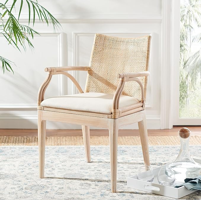 SAFAVIEH Home Collection Gianni Natural Wash/White Cushion Living Dining Room Bedroom Office Foyer Arm Chair SEA4011B - LeafyLoom