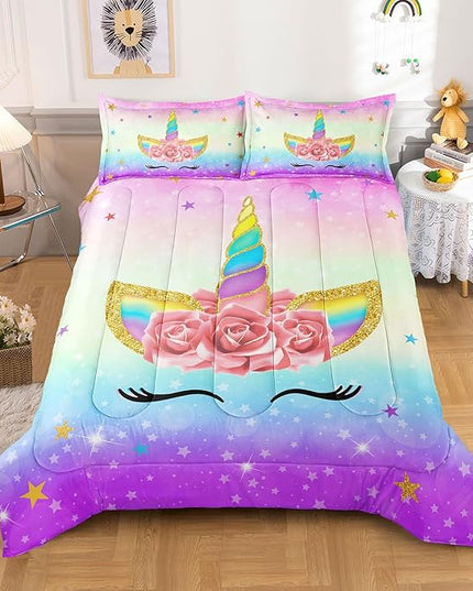 Unicorn Bedding Twin for Girls, Colorful Rainbow Comforter Set with Pink Unicorn Bedding Comforter, Cute Bed Set for Kids Teens, Ultra Soft and Fluffy - LeafyLoom