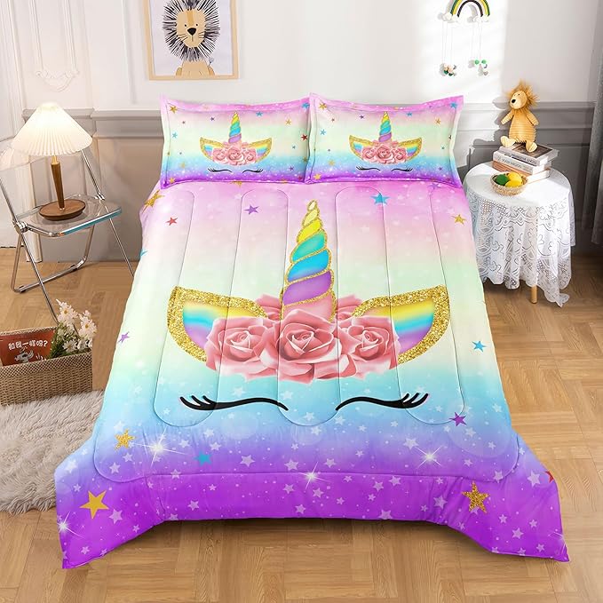 Unicorn Bedding Twin for Girls, Colorful Rainbow Comforter Set with Pink Unicorn Bedding Comforter, Cute Bed Set for Kids Teens, Ultra Soft and Fluffy - LeafyLoom