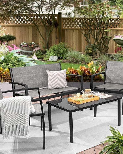 Greesum 4 Pieces Patio Furniture Set, Outdoor Conversation Sets for Patio, Lawn, Garden, Poolside with A Glass Coffee Table, Gray - LeafyLoom