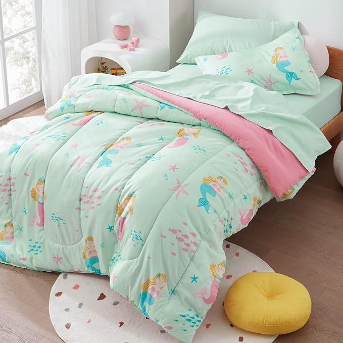 SLEEP ZONE 3 Pieces Comforter Set, Breathable & Super Soft All Season Kids Comforter Set, Cartoon Design for Children, Girls, Easy Care, Washable (Mermaid Princess, Full/Queen) - LeafyLoom