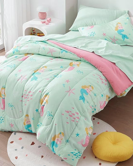 SLEEP ZONE Kids Bedding Comforter Set, Cute Pattern & Super Soft 2 Pieces Bedding Sets, All Season for Girls, 1 Comforter, 1 Pillowcase, Fade Resistant (Mermaid Princess, Twin) - LeafyLoom