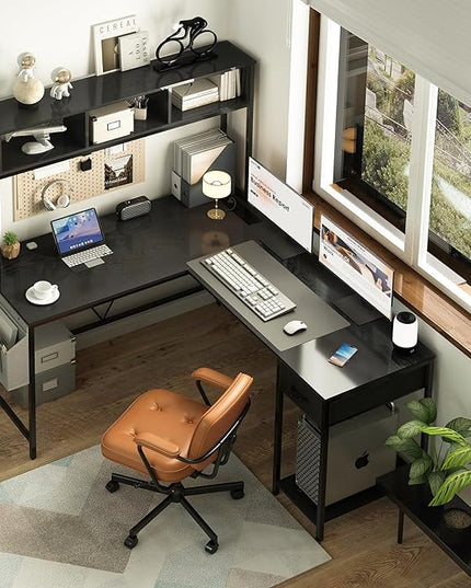 Yoobure L Shaped Desk Gaming Desk with LED Strip & Power Outlet, Reversible L-Shaped Computer Desk with Storage Shelf & Drawer, Corner Desk with Storage Bag, 2 Person Home Office Desk, Black - LeafyLoom
