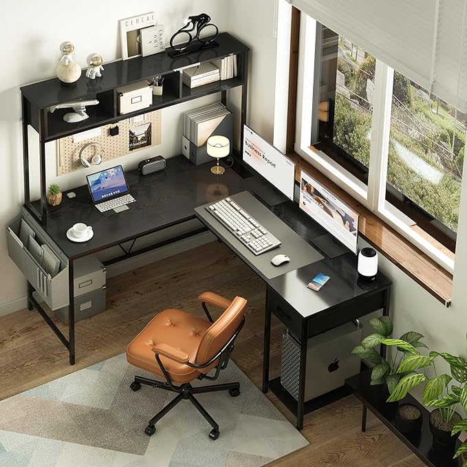 Yoobure L Shaped Desk Gaming Desk with LED Strip & Power Outlet, Reversible L-Shaped Computer Desk with Storage Shelf & Drawer, Corner Desk with Storage Bag, 2 Person Home Office Desk, Black - LeafyLoom
