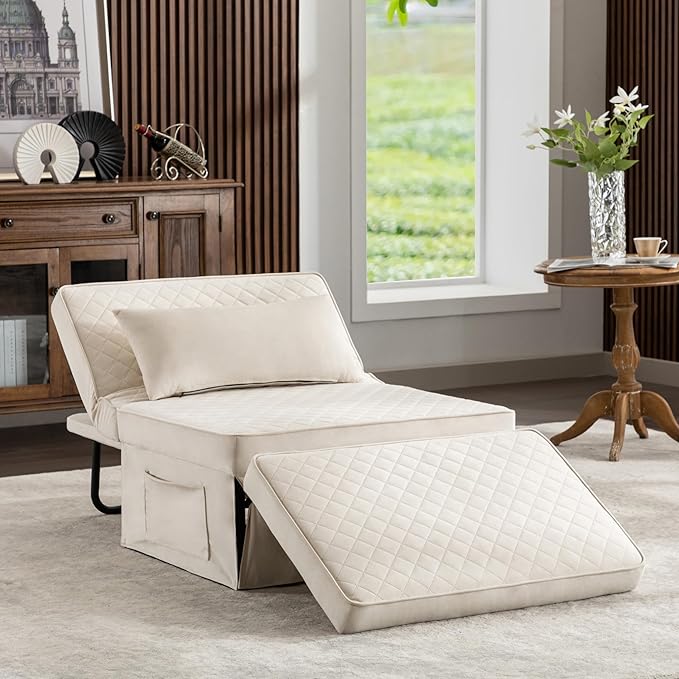 Sofa Bed, 4 in 1 Multi-Function Folding Ottoman Breathable Velvet Couch Bed with Adjustable Backrest Modern Convertible Chair for Living Room Apartment Office,Squared-White - LeafyLoom