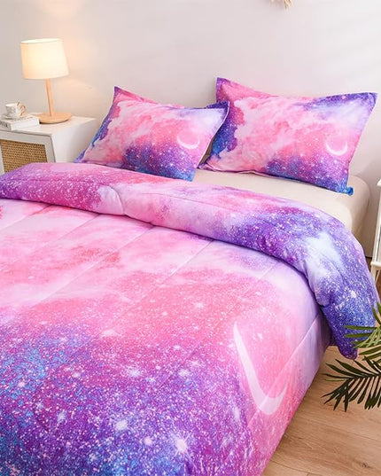 A Nice Night Galaxy Bedding Sets Outer Space Comforter 3D Printed Space Quilt Set Full Size Glitter Pink Color,for Children Boy Girl Teen Kids - LeafyLoom