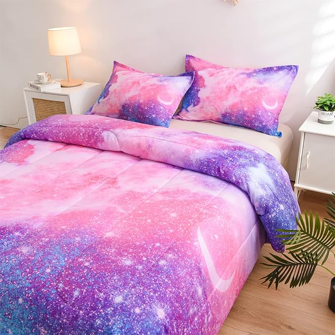 A Nice Night Galaxy Bedding Sets Outer Space Comforter 3D Printed Space Quilt Set Full Size Glitter Pink Color,for Children Boy Girl Teen Kids - LeafyLoom