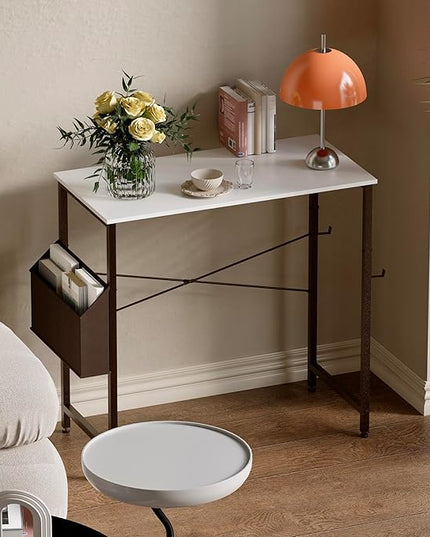 Pamray 32 Inch Computer Desk Small Spaces Desk with Storage Bag for Bedroom Writing and Home Office Work Small Study Desk Table White - LeafyLoom