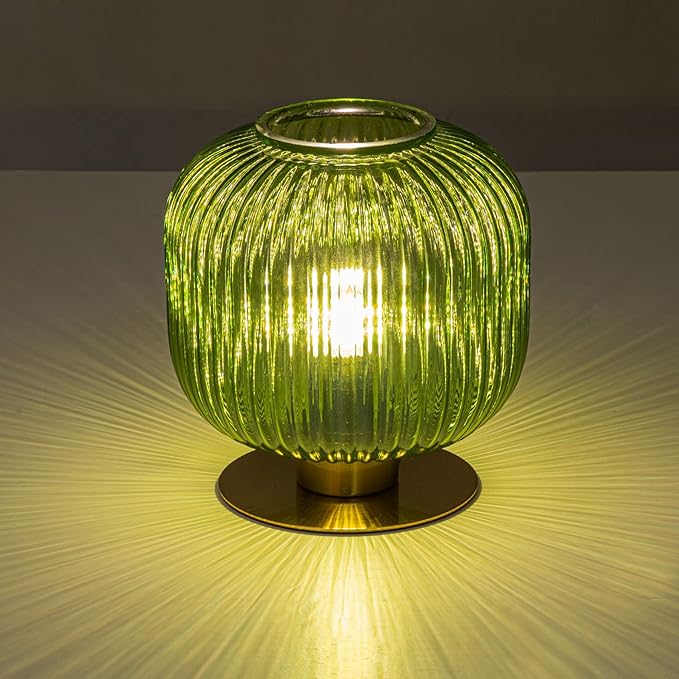 Small Table Lamp Elegant Green Glass Bedside Lamp with Ribbed Glass Shade Decorative End Table Lamp for Bedroom Tabletop Corner Shelf (Green) - LeafyLoom