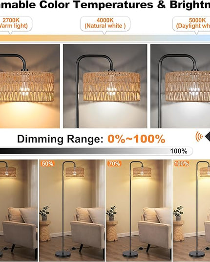 PARTPHONER Farmhouse Floor Lamp, 68''Tall Lamp for Living Room with Remote 3 Color Temperatures Boho Standing Lamp with Rattan Shades for Bedroom Study Room Office Hotel, Bulb Include - LeafyLoom