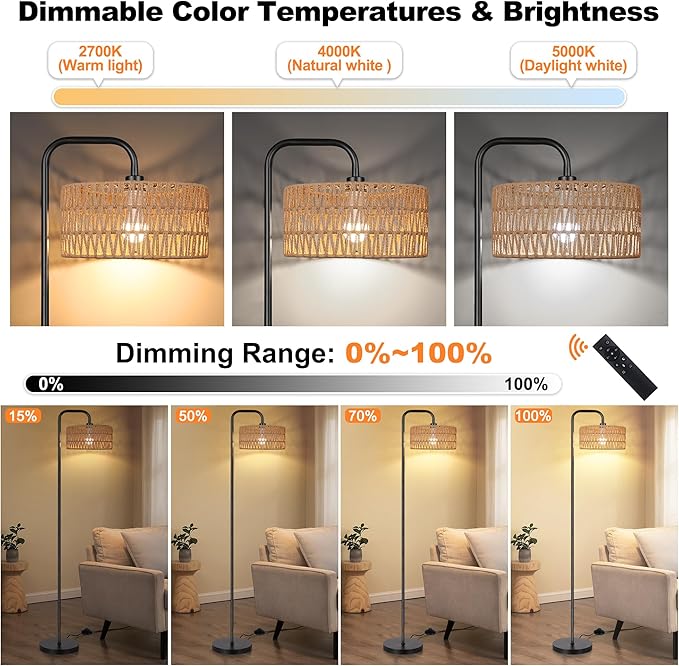 PARTPHONER Farmhouse Floor Lamp, 68''Tall Lamp for Living Room with Remote 3 Color Temperatures Boho Standing Lamp with Rattan Shades for Bedroom Study Room Office Hotel, Bulb Include - LeafyLoom
