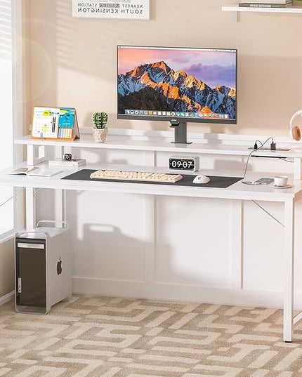 Computer Desk with USB Power Outlets and LED Lights, 55 inch Gaming desk with Monitor Stand for Small Space Home Office, Modern Simple Study Writing Table PC Desks, White - LeafyLoom
