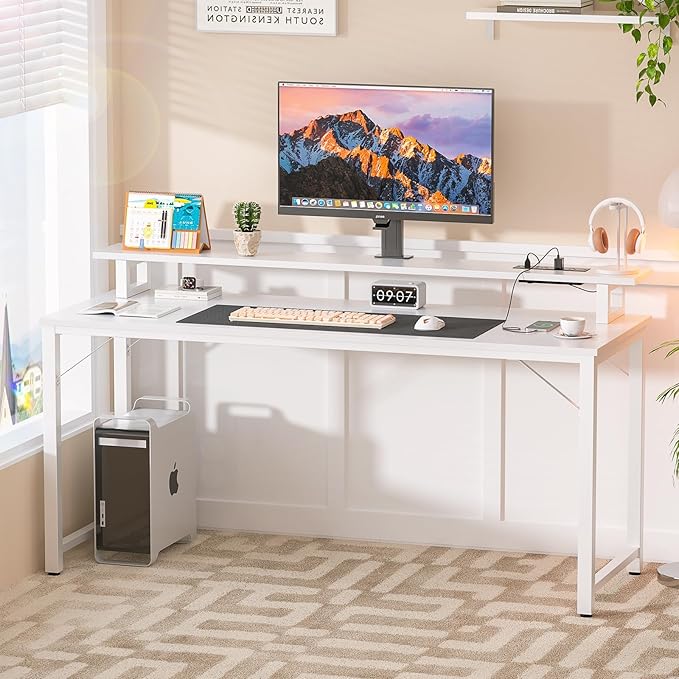 Computer Desk with USB Power Outlets and LED Lights, 55 inch Gaming desk with Monitor Stand for Small Space Home Office, Modern Simple Study Writing Table PC Desks, White - LeafyLoom