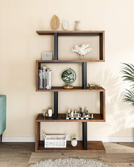 YITAHOME 5 Tiers Bookshelf, Modern S-Shaped Z-Shelf Style Bookshelves, Multifunctional Geometric Bookcase Storage Display Shelf for Living Room Bedroom Home Office, Retro Brown - LeafyLoom