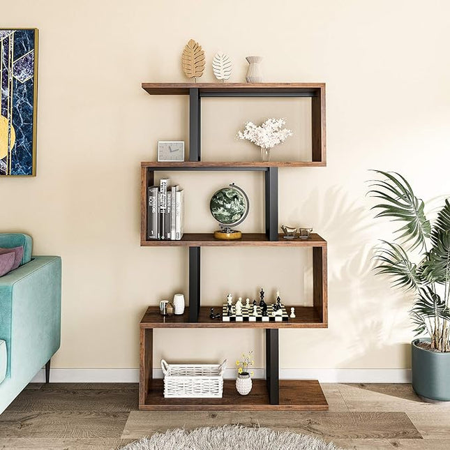 YITAHOME 5 Tiers Bookshelf, Modern S-Shaped Z-Shelf Style Bookshelves, Multifunctional Geometric Bookcase Storage Display Shelf for Living Room Bedroom Home Office, Retro Brown - LeafyLoom