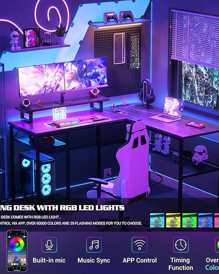 Unikito L Shaped Computer Desk with Magic Power Outlets and Smart LED Light, Reversible 55 Inch Corner Office Desk with Monitor Stand, Unique Grid Design, Gaming Table with Storage, Black Oak - LeafyLoom