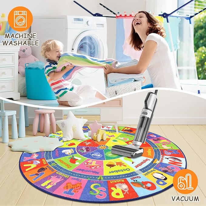 HEBE Kids Play Rug 4ft ABC Alphabet Numbers Shapes Educational Kid Area Rug Washable Baby Crawling Mat Non Slip Kid Play Mat Carpet for Girl Boy Bedroom Playroom - LeafyLoom