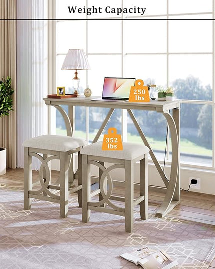 Farmhouse Style Counter Height 2 Upholstered Stools, Rustic Bar Built-in USB, Easy Assembly & Care, Room, Small Place, Apartment, Cream, 3 Piece Dining Table Set - LeafyLoom