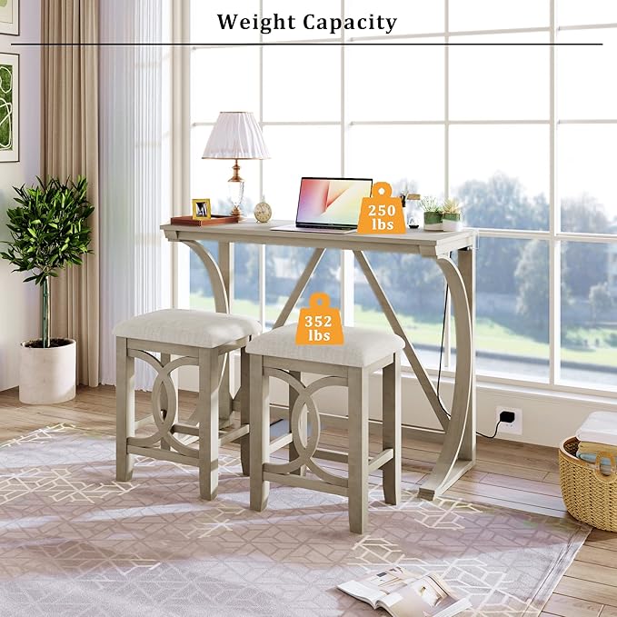 Farmhouse Style Counter Height 2 Upholstered Stools, Rustic Bar Built-in USB, Easy Assembly & Care, Room, Small Place, Apartment, Cream, 3 Piece Dining Table Set - LeafyLoom